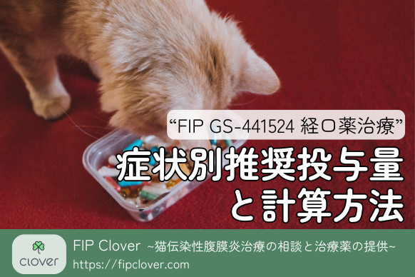 猫の病気である猫伝染性腹膜炎の治療薬GS-441524やモルヌピラビルや再発・耐性用FIP治療薬を販売しているFIPのCloverが紹介するFIP治療のGS製剤を使用した経口薬の眼球症状、神経症状別投与量と計算方法